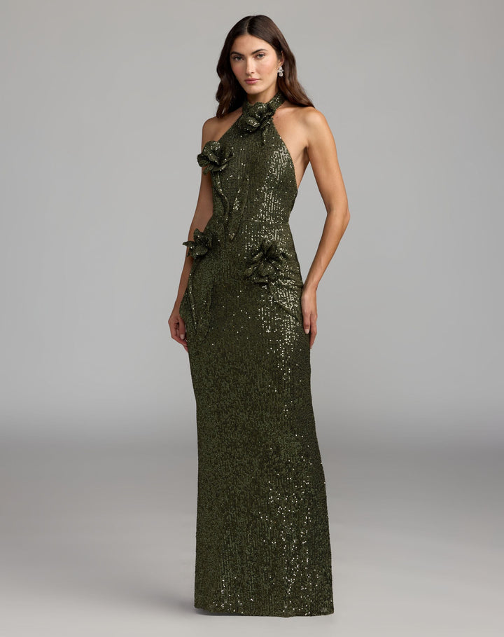 Mac Duggal 37156 Halter Neck Sequin 3D Flower Column Gown