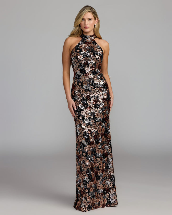 Mac Duggal 37167 Floral Sequin Velvet Halter Gown