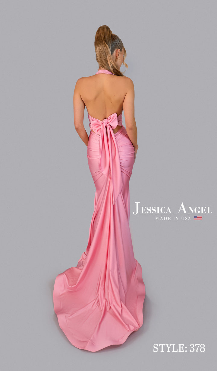 Jessica Angel 378 Halter V-Neck Back Bow Jersey Mermaid Gown view 11