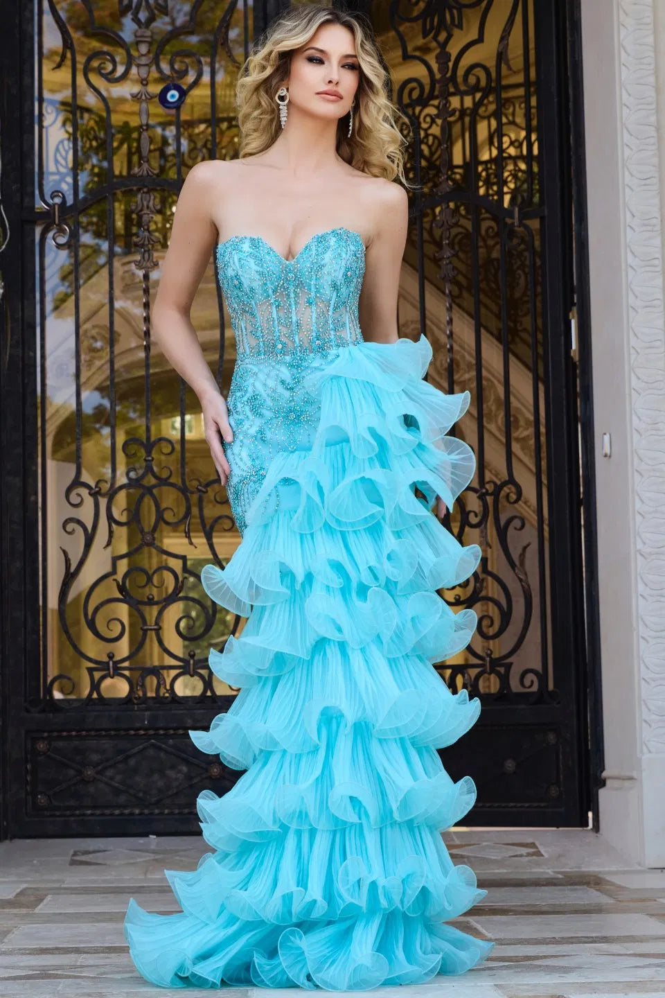 JOVANI 38295 Beaded Trumpet Prom Dress 2026 Aqua / 10