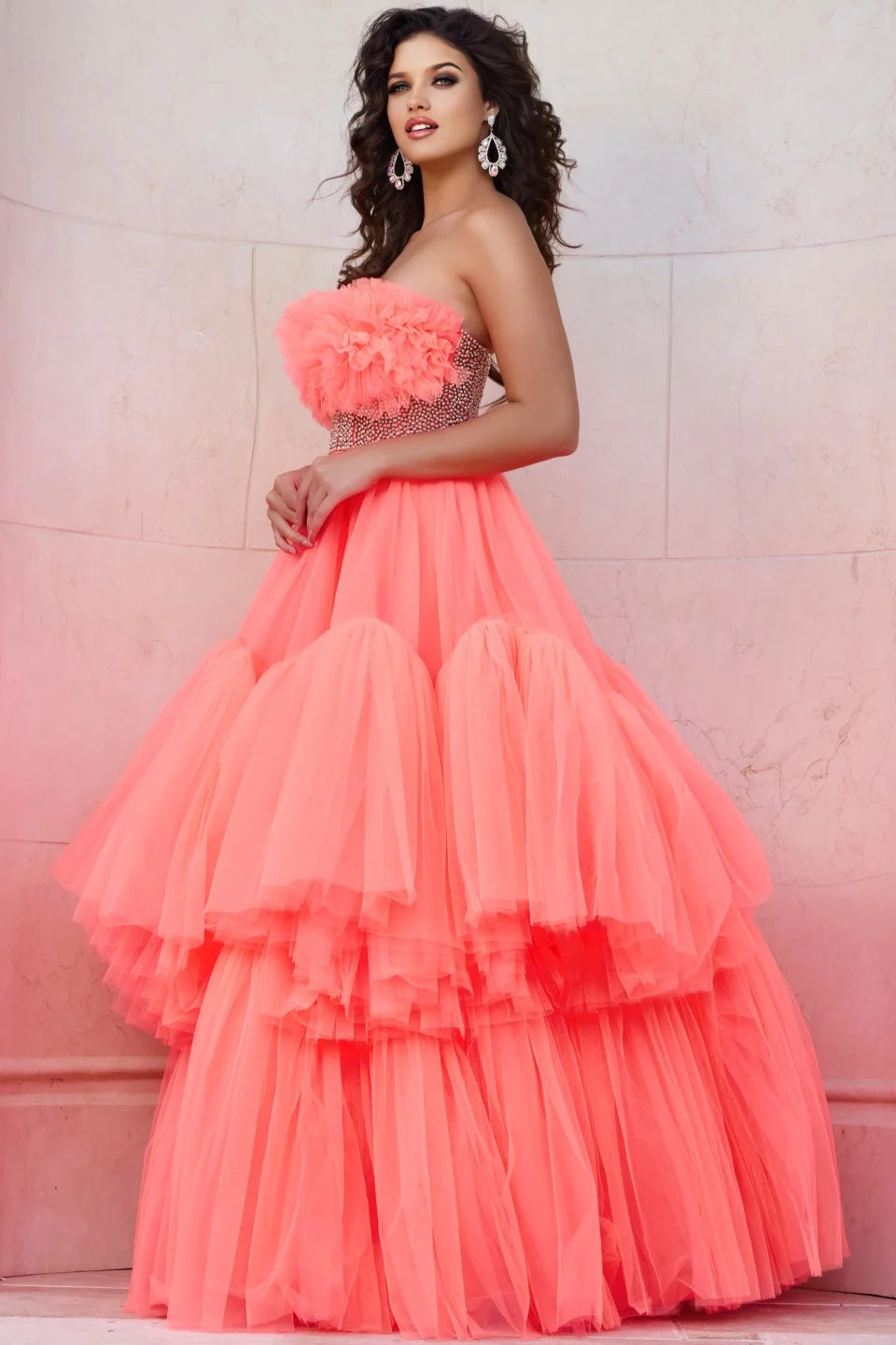 Jovani 38299 Strapless Tiered Ball Gown with Textured Bodice