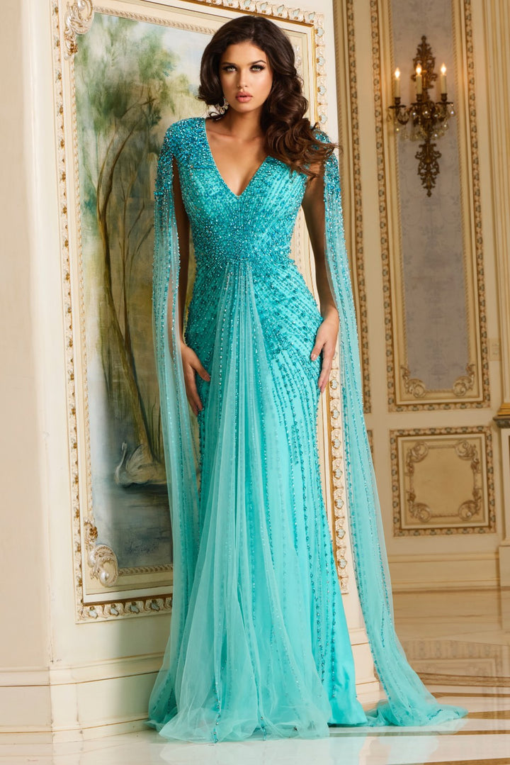 Jovani 38964 Beaded V-Neck Gown with Draping Cape Sleeves