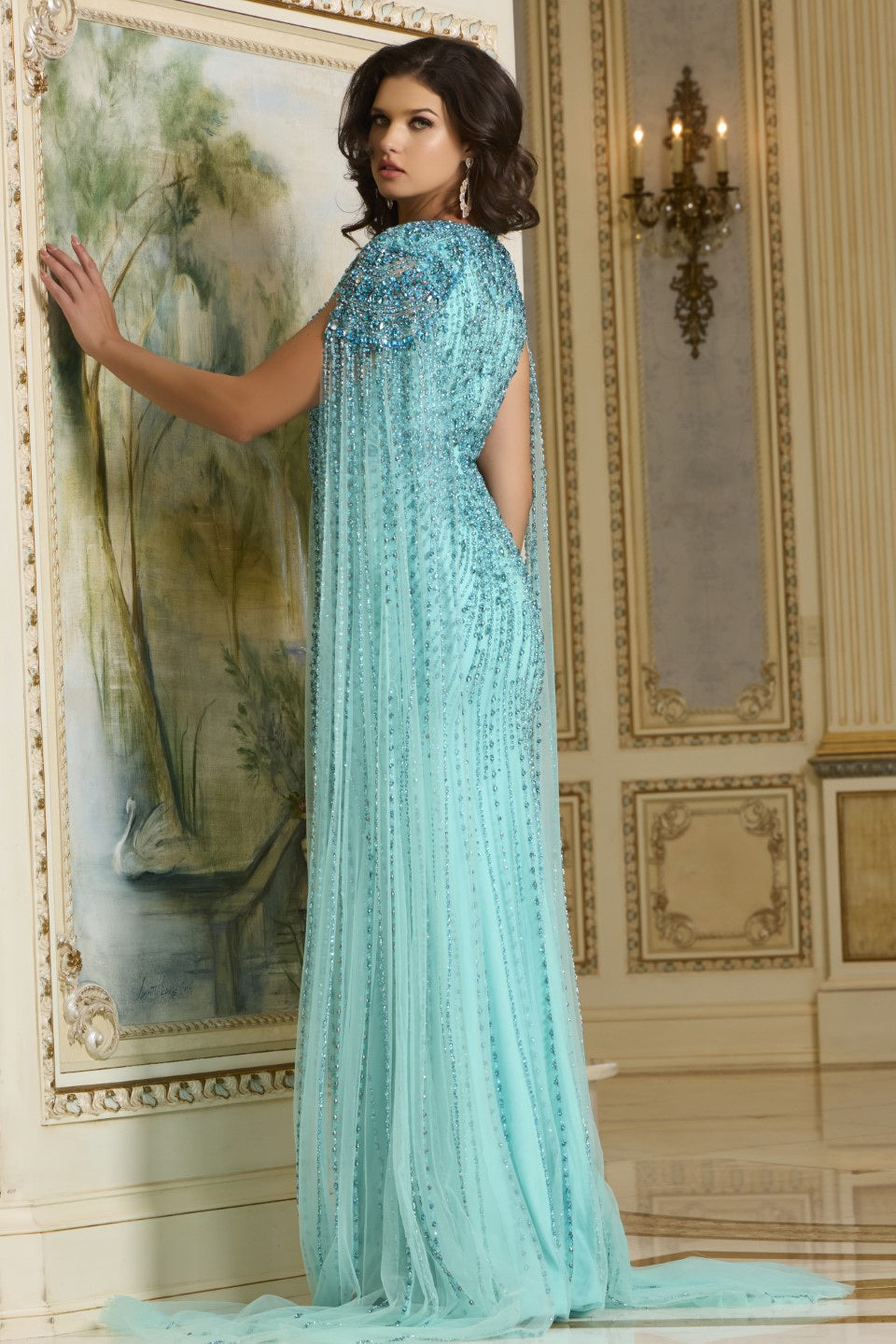Jovani 38964 Beaded V-Neck Gown with Draping Cape Sleeves