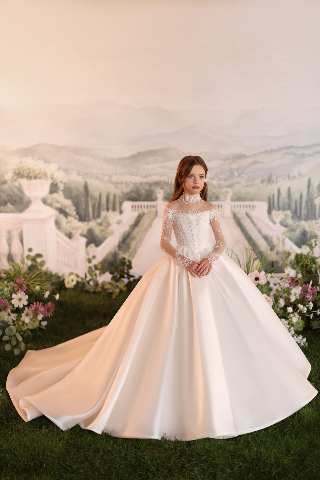 Pentelei 3901 Beaded Illusion Long-Sleeve Kids Ball Gown