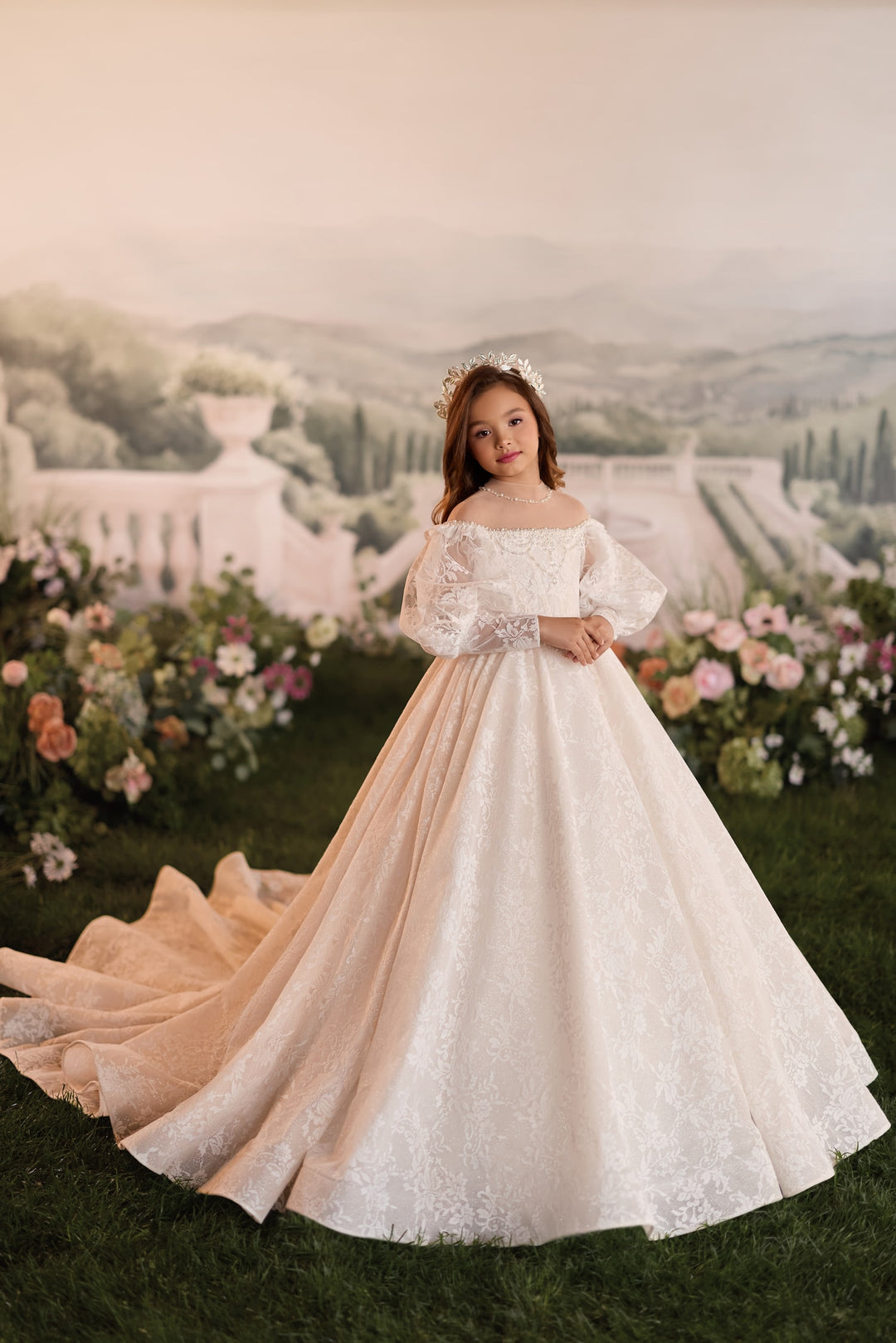 Pentelei 3902 Pearl-Beaded Lace Puff Sleeve Kids Ball Gown