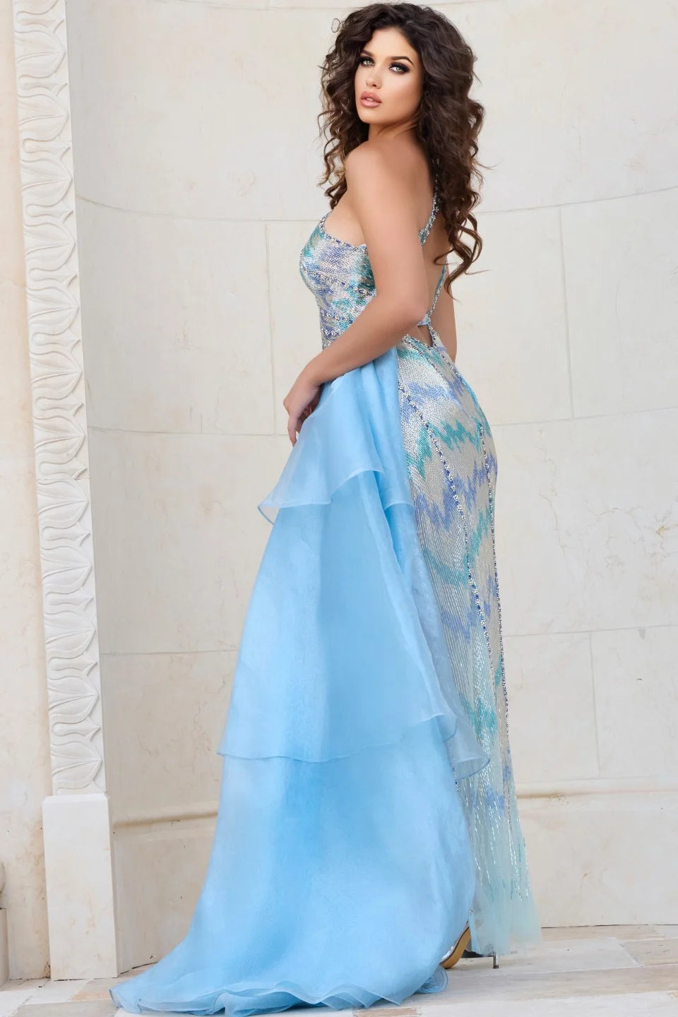 Jovani 39055 Asymmetric One-Shoulder Gown with Floor-Length Overlay