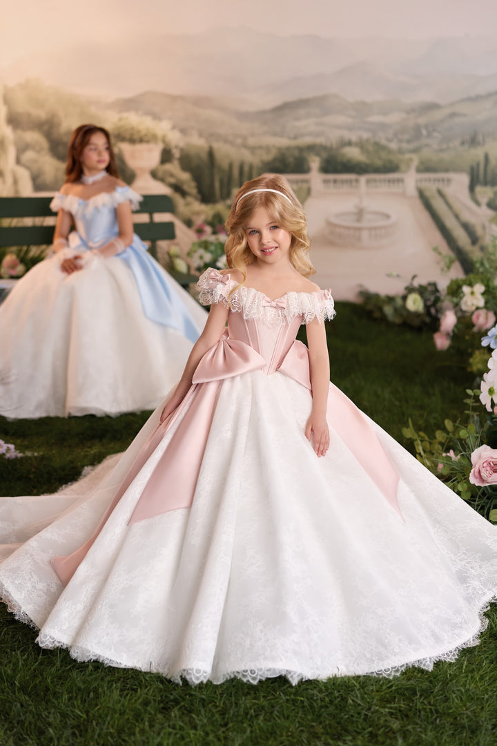 Pentelei 3905 Ruffled Lace Corset Bow Two Tone Kids Ball Gown