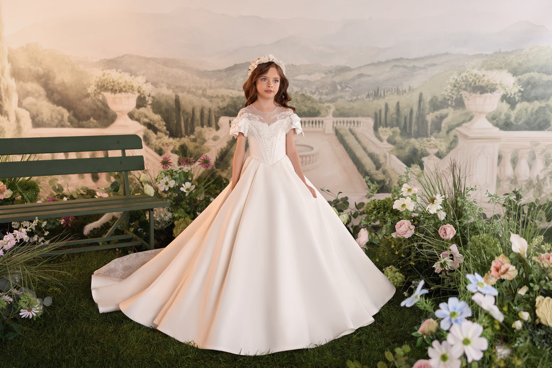 Pentelei 3907 Beaded Puff Sleeve Bow Kids Ball Gown