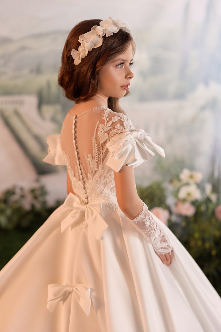 Pentelei 3907 Beaded Puff Sleeve Bow Kids Ball Gown