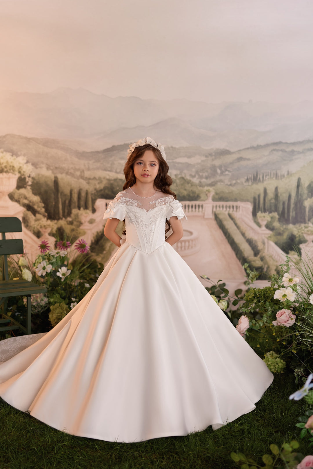 Pentelei 3907 Beaded Puff Sleeve Bow Kids Ball Gown