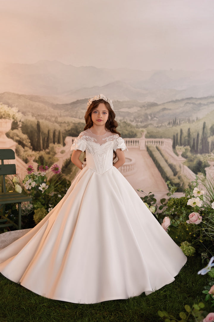 Pentelei 3907 Beaded Puff Sleeve Bow Kids Ball Gown