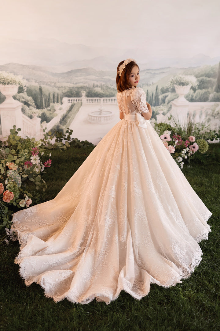 Pentelei 3908 Illusion Back Lace Sash Kids Ball Gown