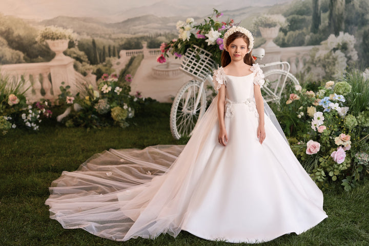 Pentelei 3909 Floral Shoulder Cluster – Ivory Kids Ball Gown Communion Dress
