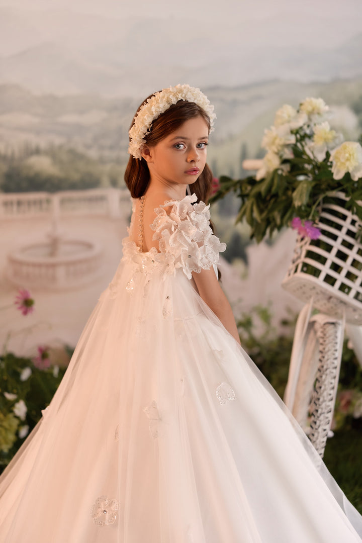 Pentelei 3909 Floral Shoulder Cluster – Ivory Kids Ball Gown Communion Dress