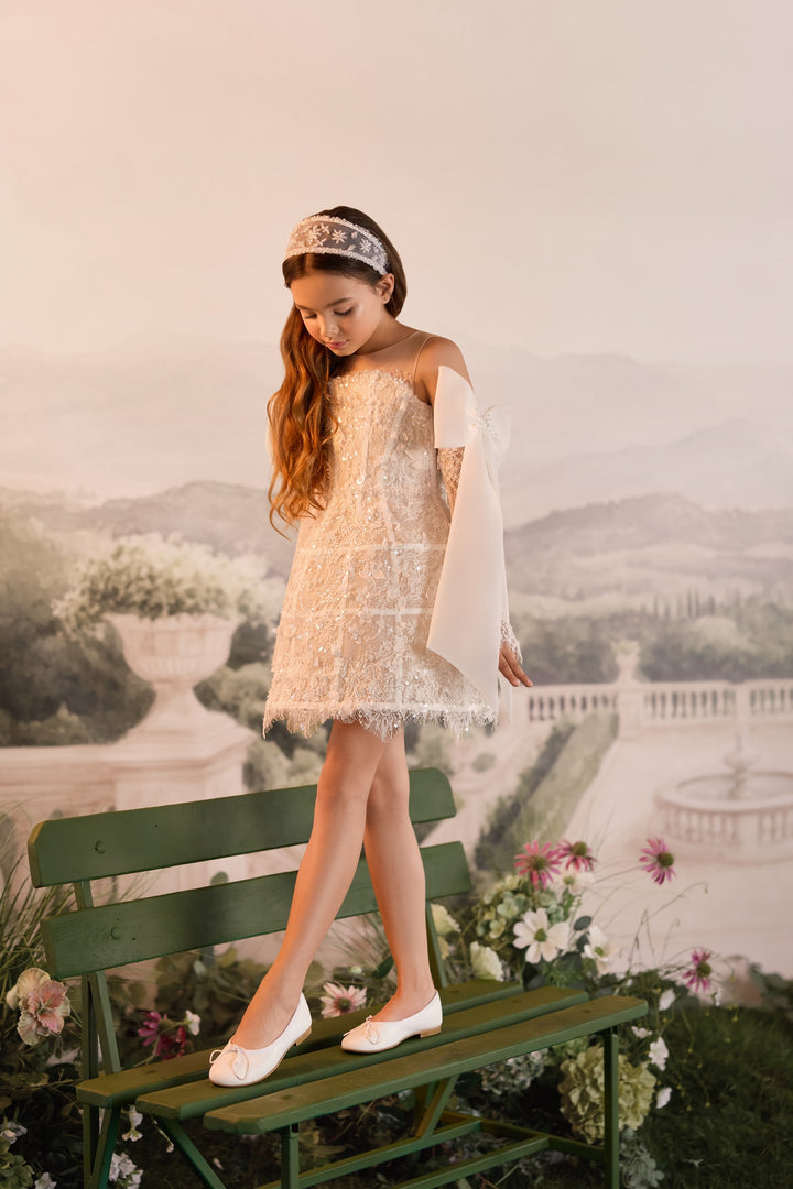 Pentelei 3920 Sequined Lace Bow Sleeve – Ivory Kids Party Mini Dress