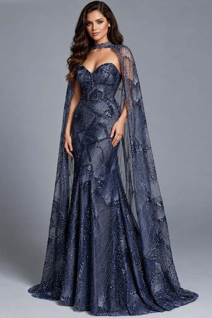 Jovani 39214 Strapless Beaded Cape Mermaid Gown full-length view