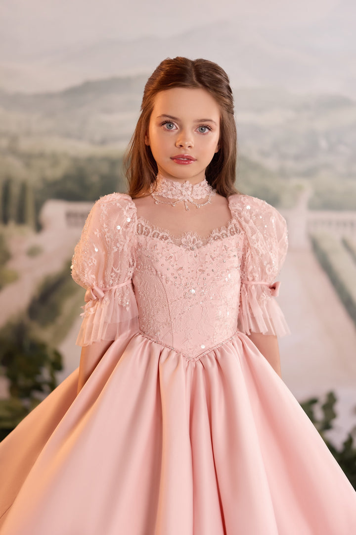 Pentelei 3921 Lace Puff-Sleeve Sequin Bodice Dress