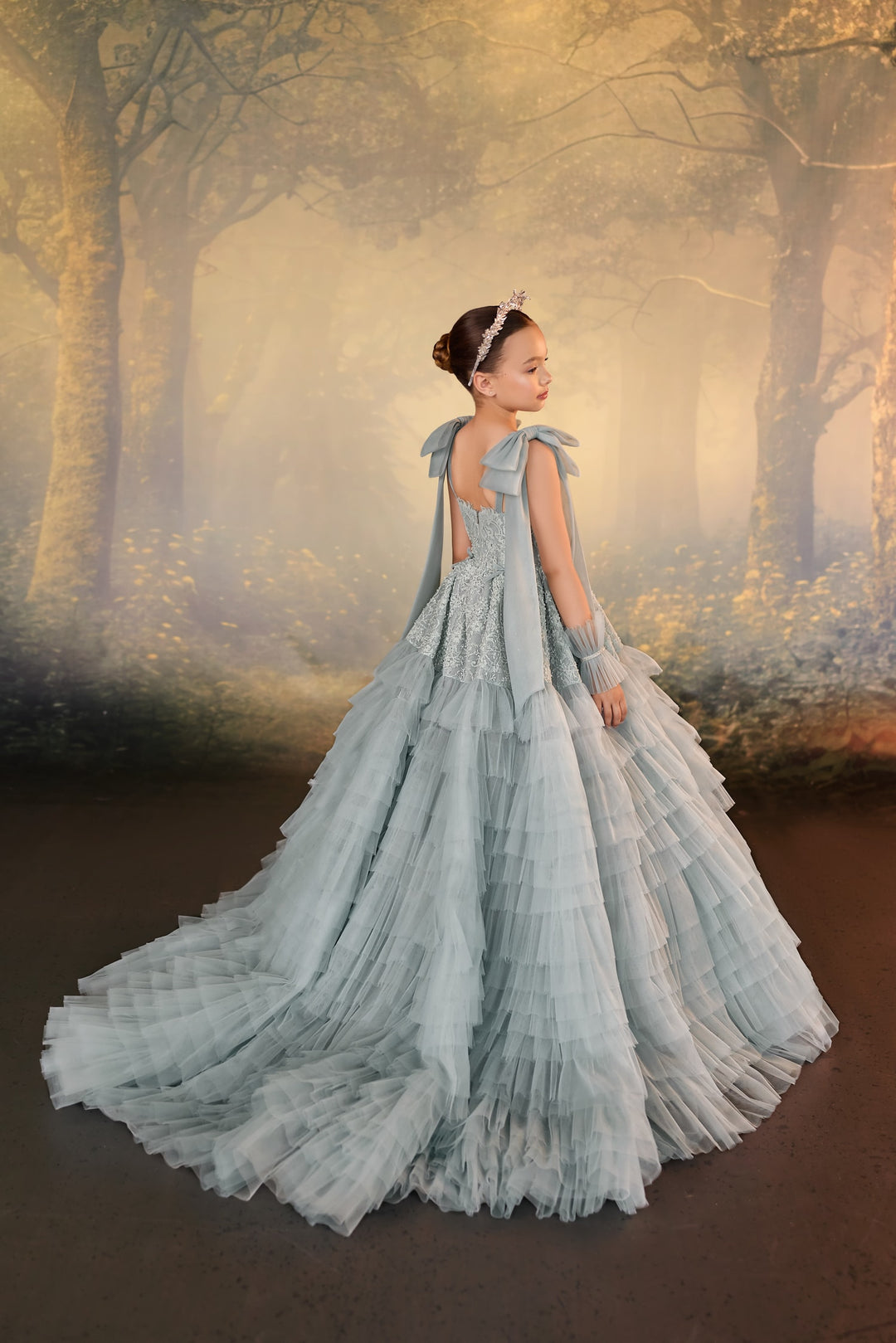 Pentelei 3926 Tiered Ruffle Bow Shoulder Kids Ball Gown
