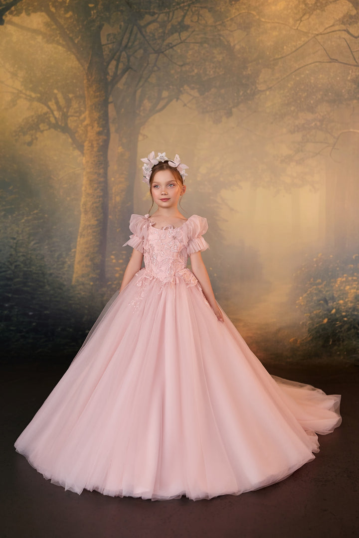 Pentelei 3927 Sequined Floral Puff Sleeve Kids Ball Gown