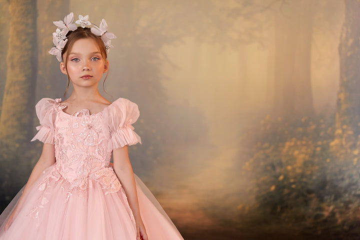 Pentelei 3927 Sequined Floral Puff Sleeve Kids Ball Gown