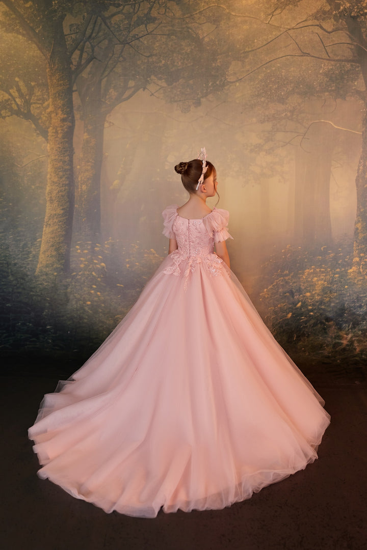 Pentelei 3927 Sequined Floral Puff Sleeve Kids Ball Gown