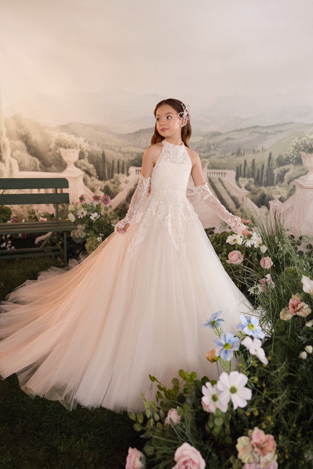 Pentelei 3932 Halter Ball Gown with Pearl Strand Back Kids Dress