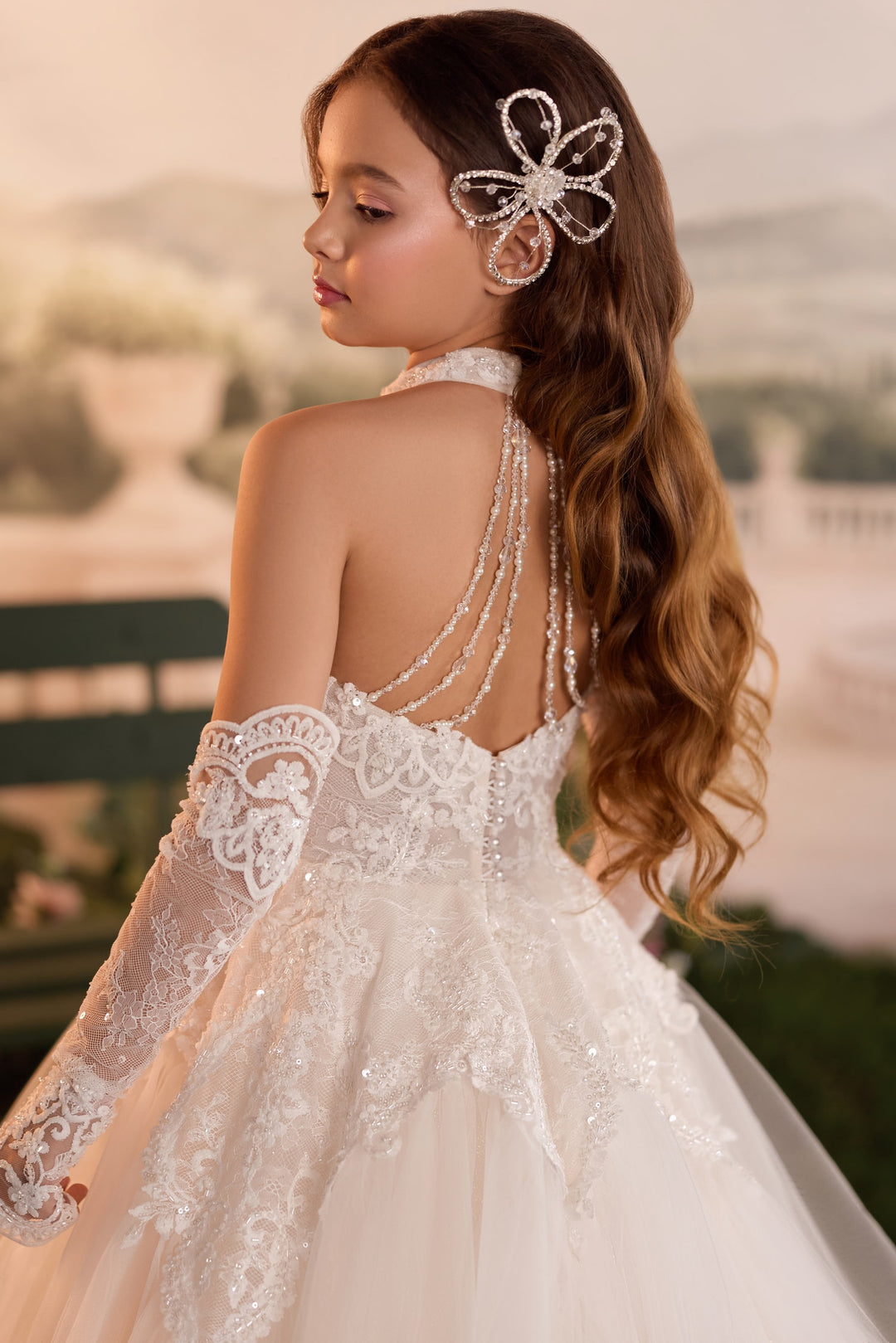 Pentelei 3932 Halter Ball Gown with Pearl Strand Back Kids Dress