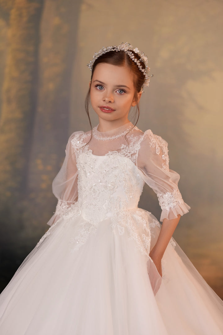 Pentelei 3933 Lace Puff Sleeve Ball Gown with Button Back Kids Dress