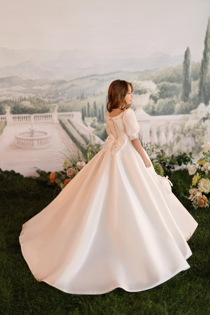 Pentelei 3935 Lace Puff Sleeve Satin Ball Gown Kids Dress