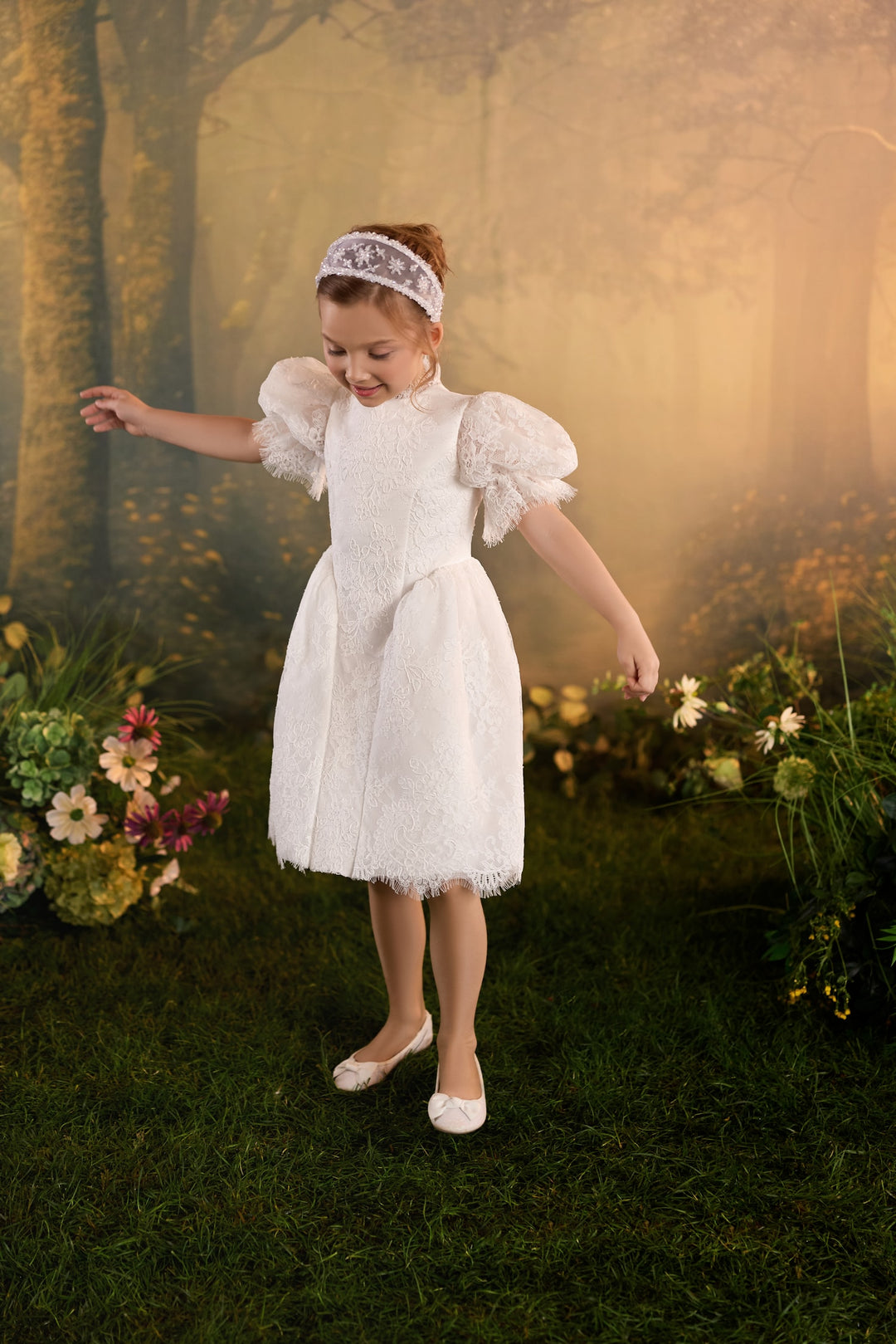 Pentelei 3939 Floral Lace Puff Sleeve Dress Kids Dress