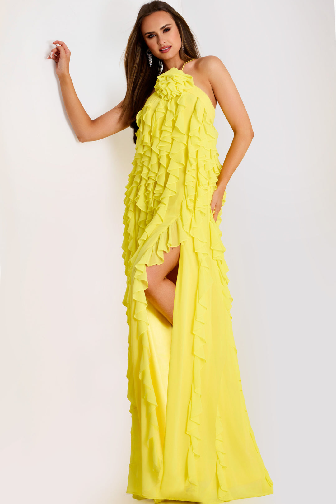 jovani yellow silk dress Jovani -42971 Pleated Prom Gown with Knot Bodice and High Slit 2 / YELLOW