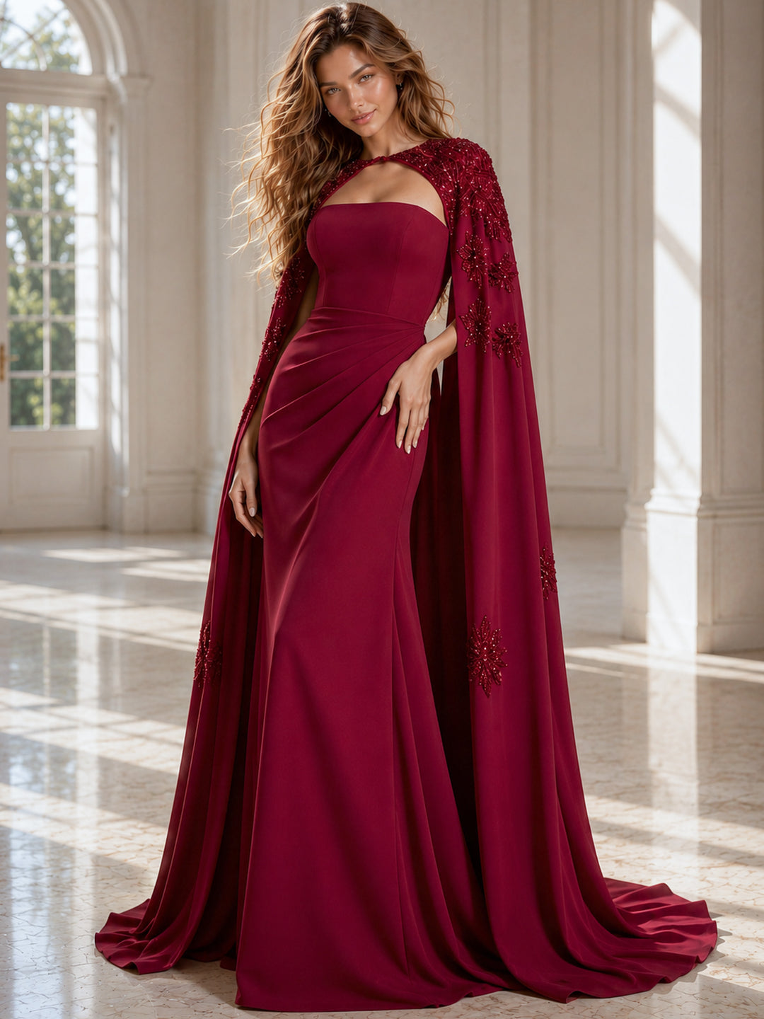 Jovani 39957 Fitted Gown with Beaded Cape and Floral Appliqué