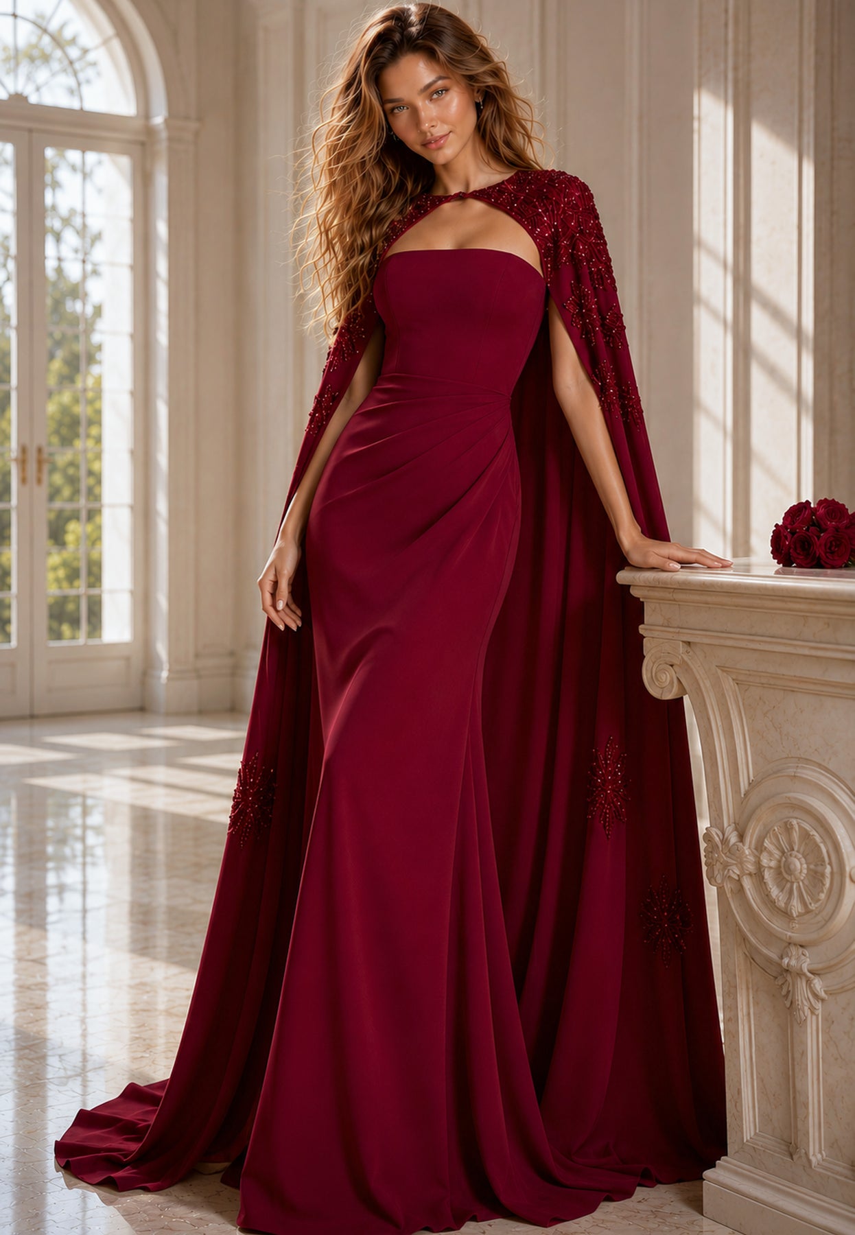 Jovani 39957 Beaded Cape Mother of the Bride Dress, CRANBERRY / 8