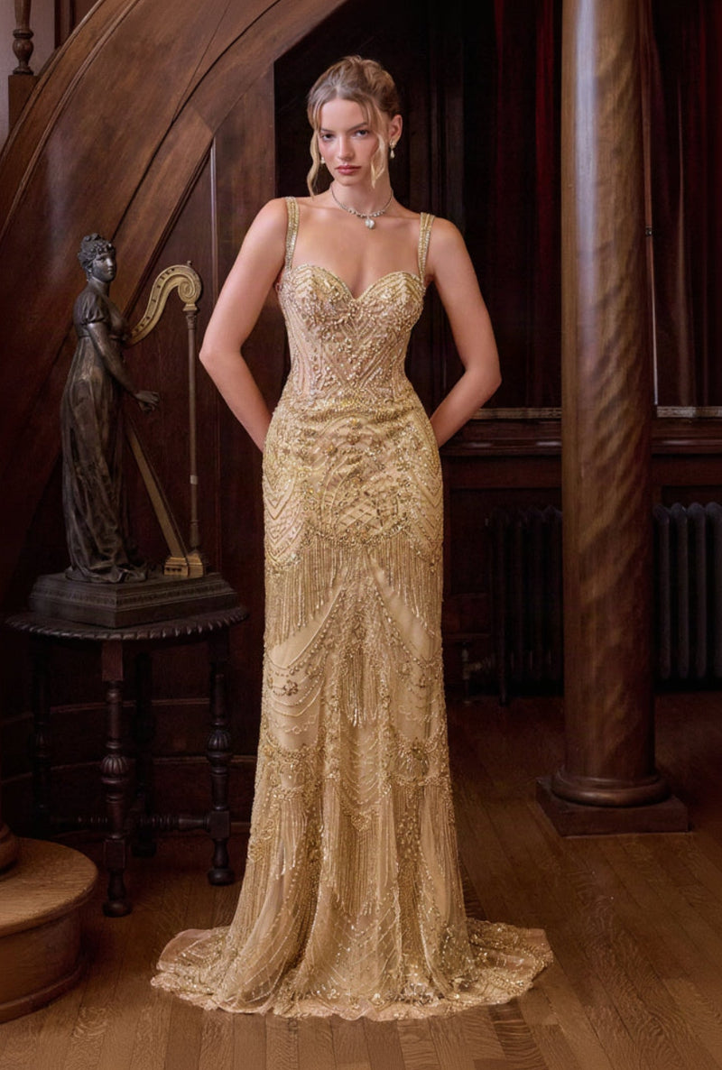 Andrea & Leo Couture A1526 evening gown in gold, front view