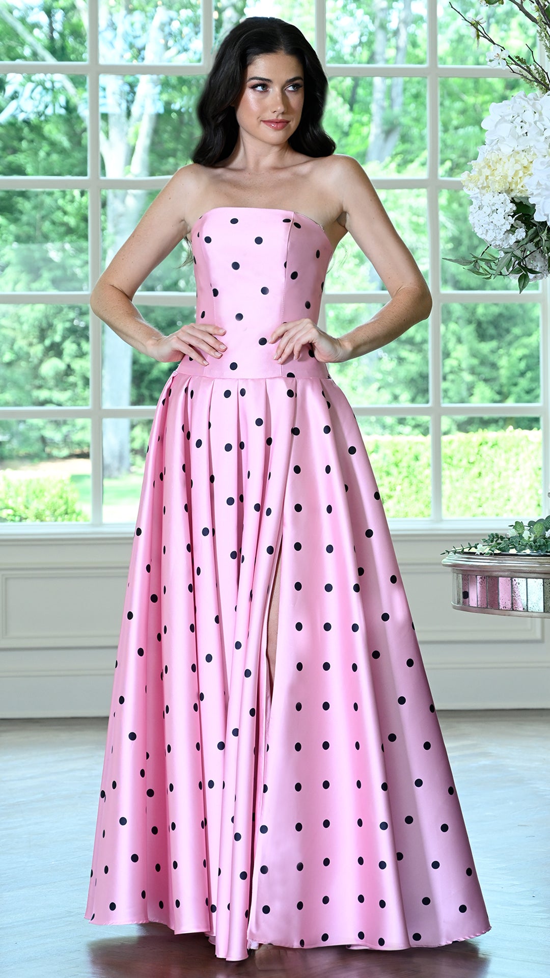 Colors Dress 4035 strapless polka dot drop-waist prom gown front view