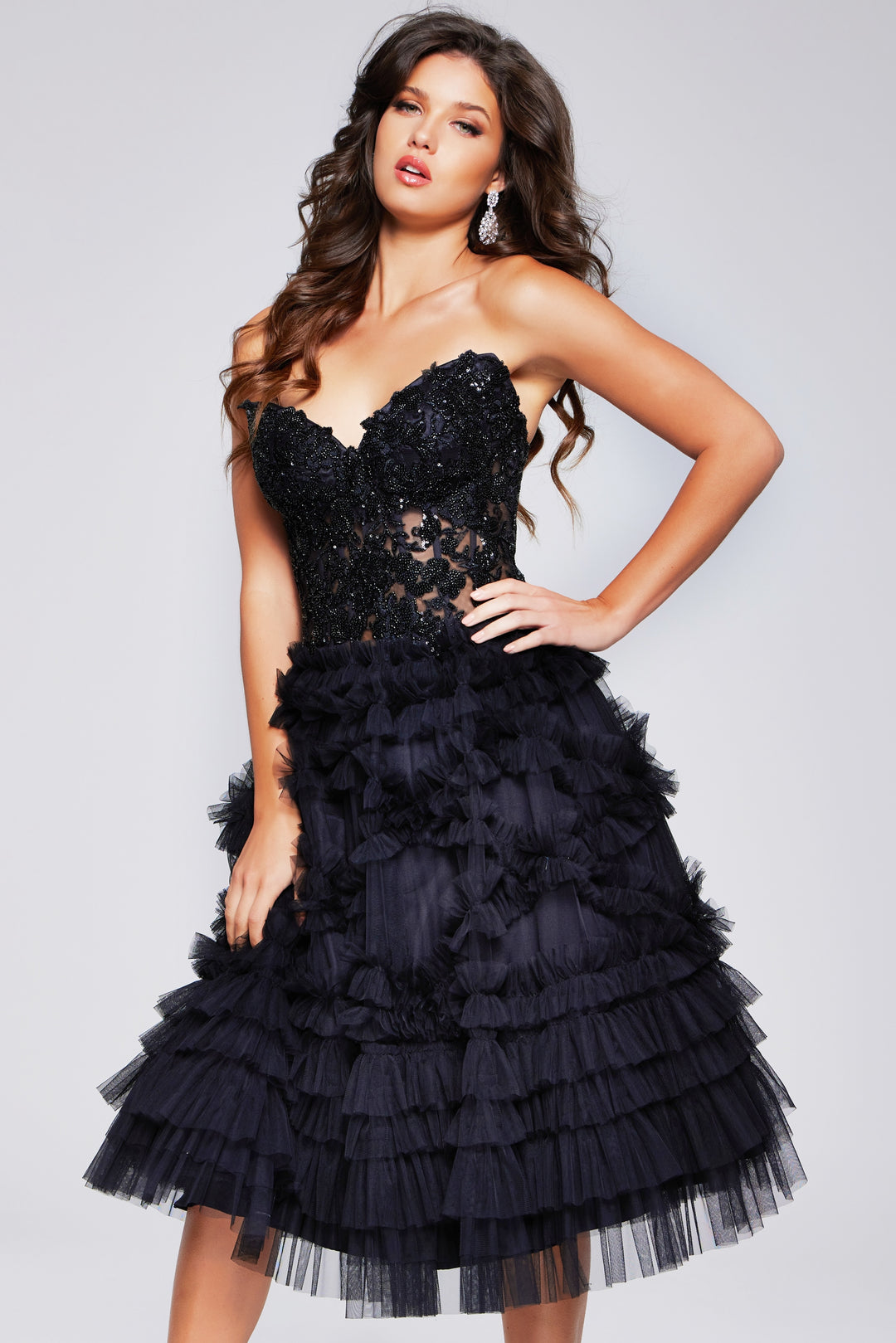 Jovani 40854 Strapless Tiered Cocktail Dress Black / 4