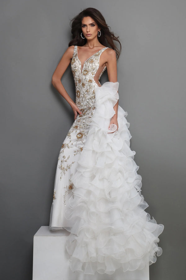 Jovani 41146 Beaded Ruffle Train Pageant Dress