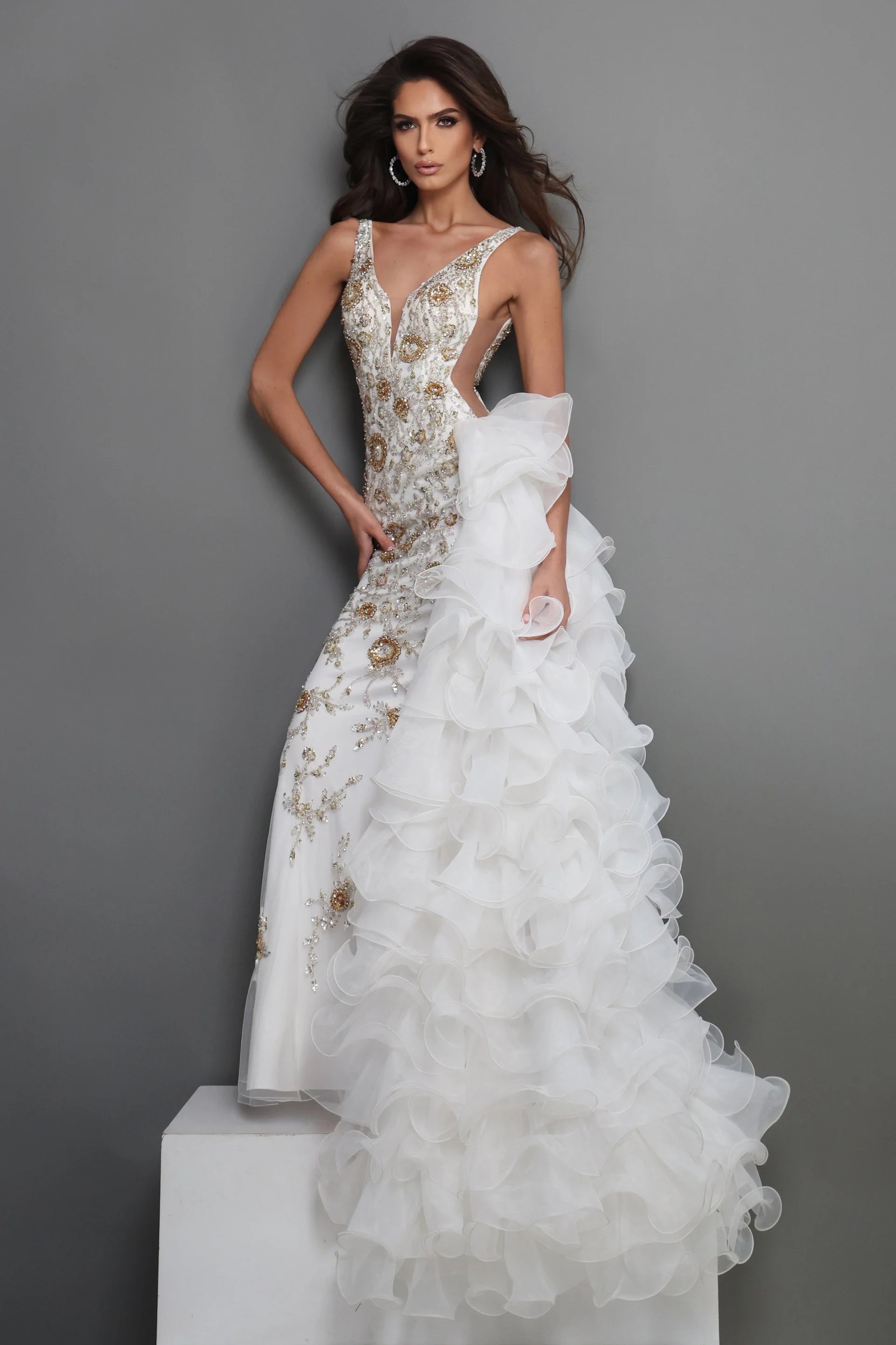 Jovani 41146 Beaded Ruffle Train Pageant Dress OFF-WHITE / 12