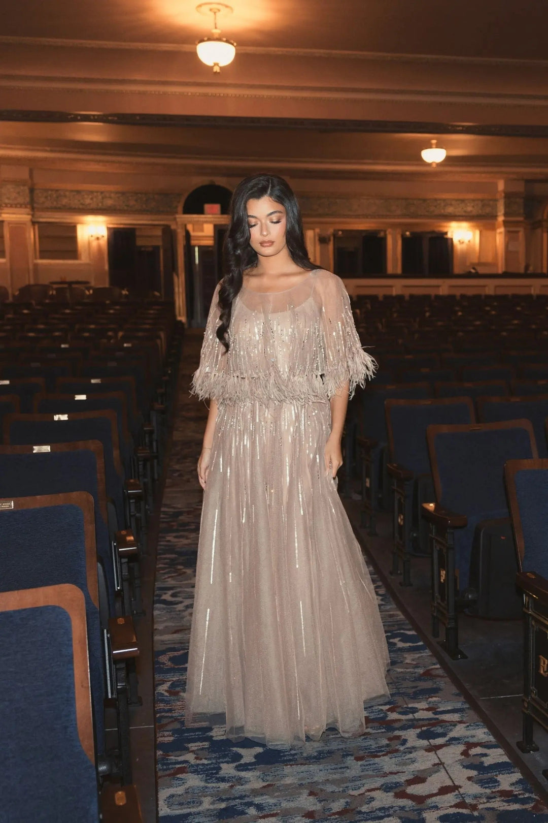 Mac Duggal - Beige Embellished A Line Gown with Feather Detail Cape