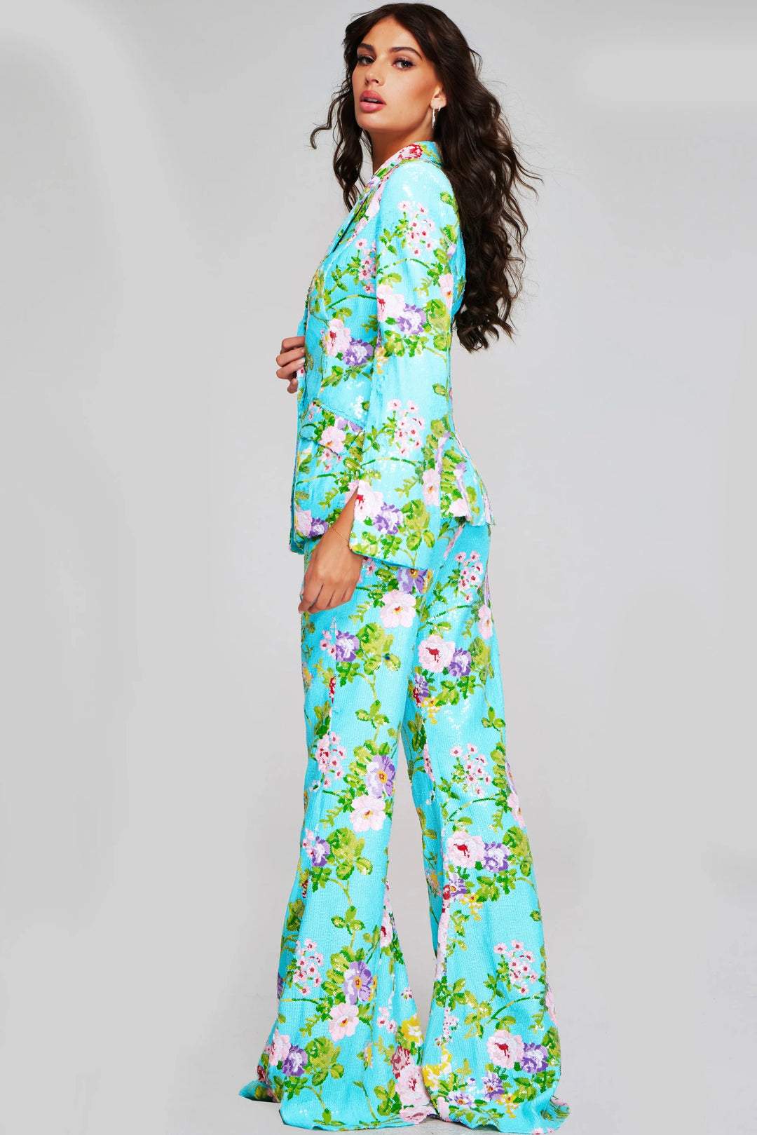 Jovani 42146 Vibrant Floral Print Bell Sleeve Pant Suit