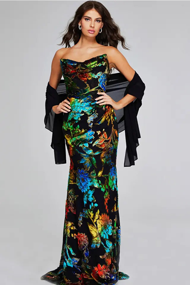 jovani black dress with flowers 22335 main image 0
