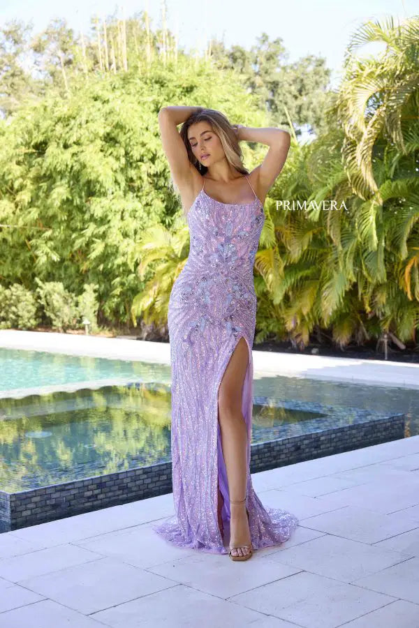 purple glitter prom dress Mermaid Glitter Lavender Floral Long Prom Dress with Slit, Lavender / 12 main image 1