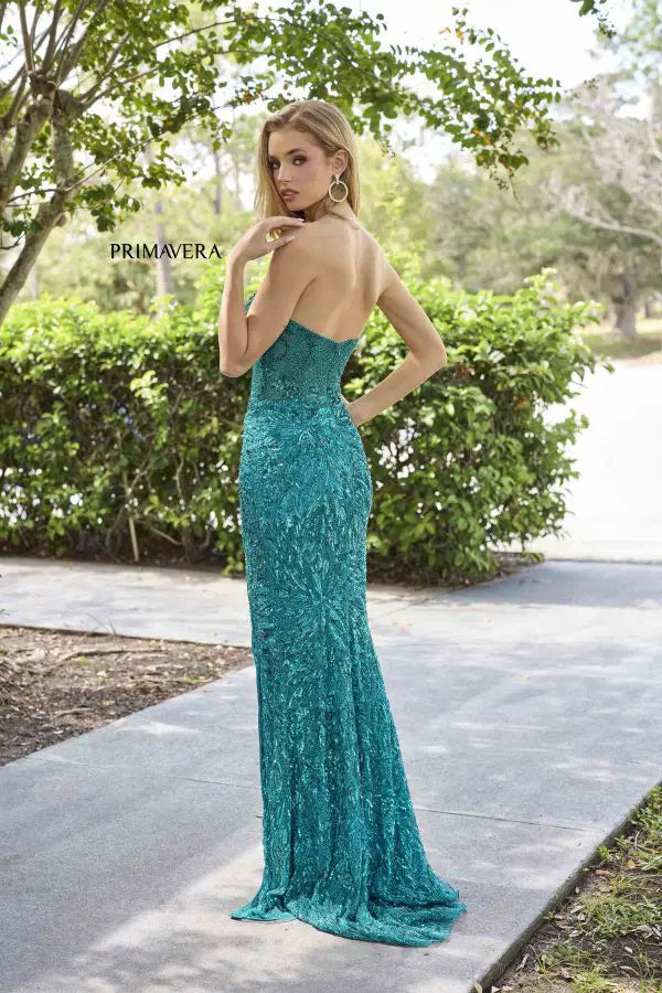 primavera blue sequin dress Couture 4321 Strapless Prom 2026 The intricate embellishment pattern