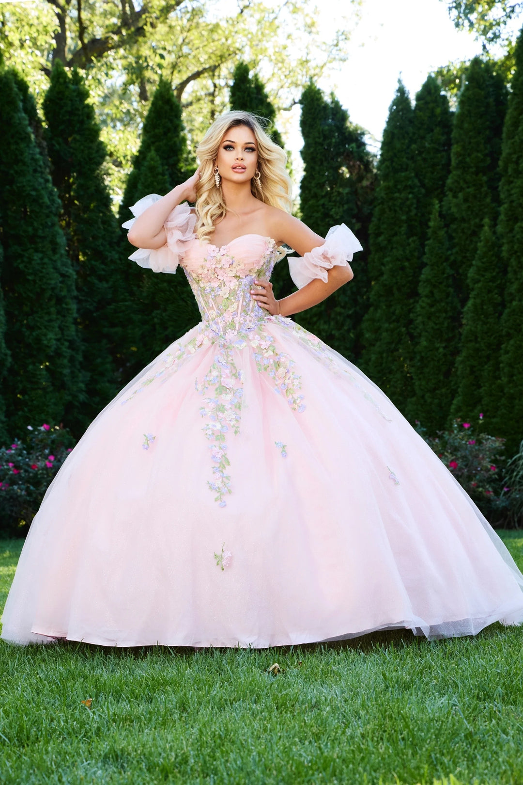 Jovani Q43231 Off The Shoulder Ball Gown with 3D Floral Applique