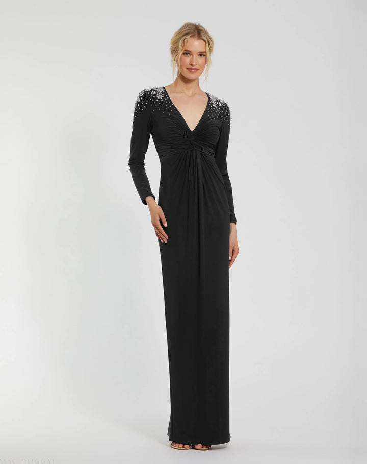 Mac Duggal 44063A Jersey V-Neck Faux Knot Gown with Beaded Shoulders