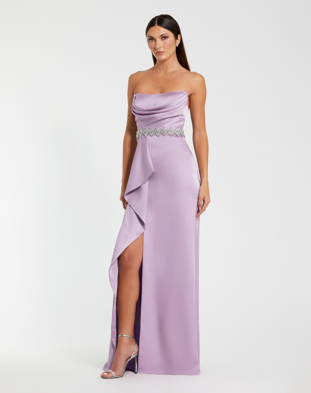 Mac Duggal - Purple Strapless Satin Gown With Embellished Belt Detail - Lilac / US 12 Mac Duggal - Purple Strapless Satin Gown With Embellished Belt Detail - Lilac / US 12