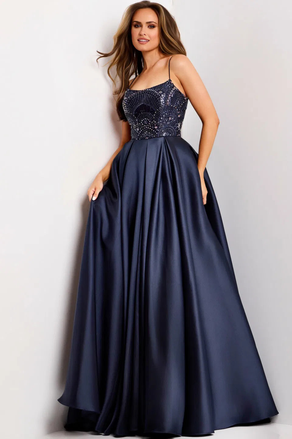Jovani 44587 Navy Pleated A-Line Evening Dress Navy / 4