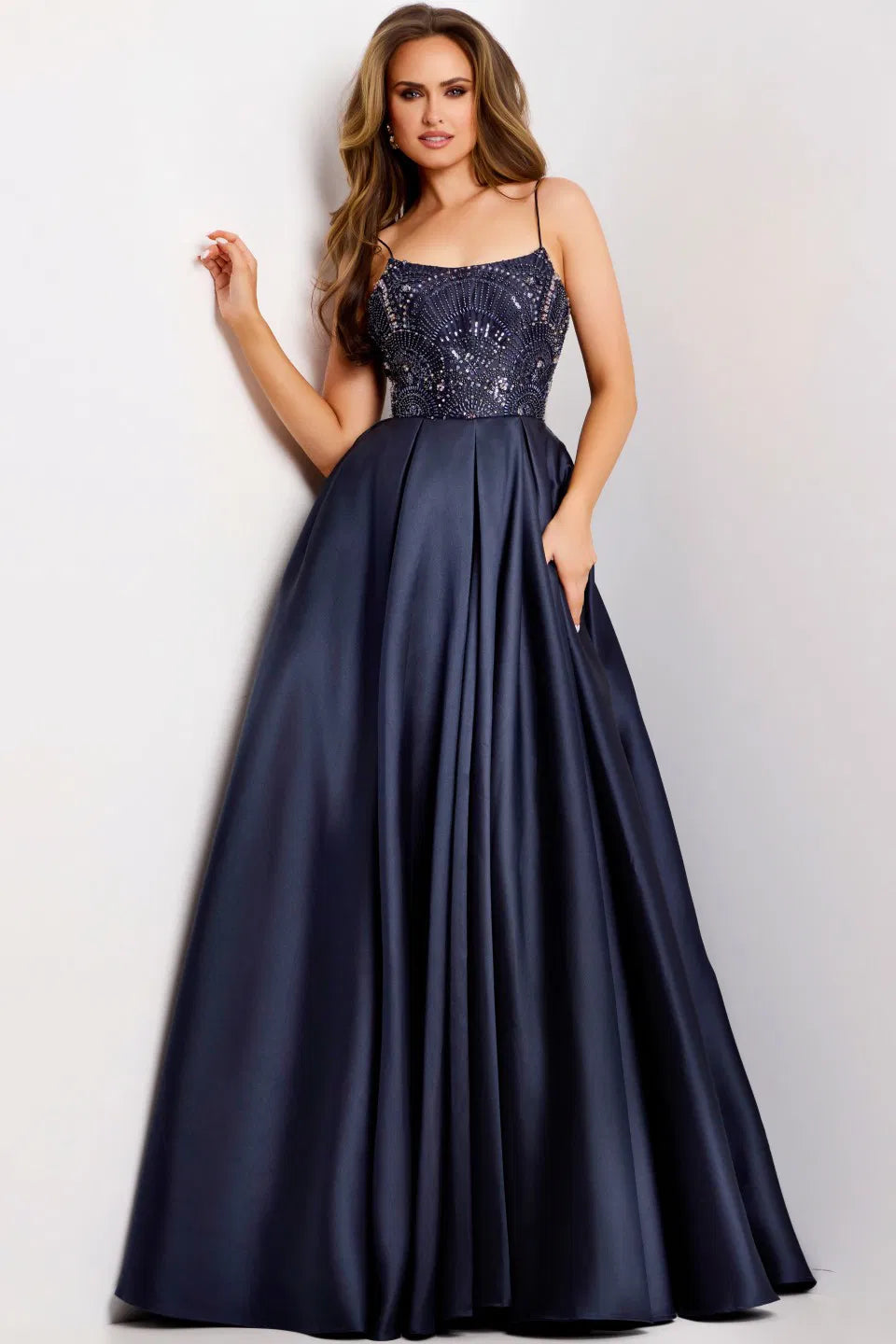 Jovani 44587 Navy Pleated A-Line Evening Dress Navy / 4 Jovani 44587 Navy Pleated A-Line Evening Dress Navy / 4