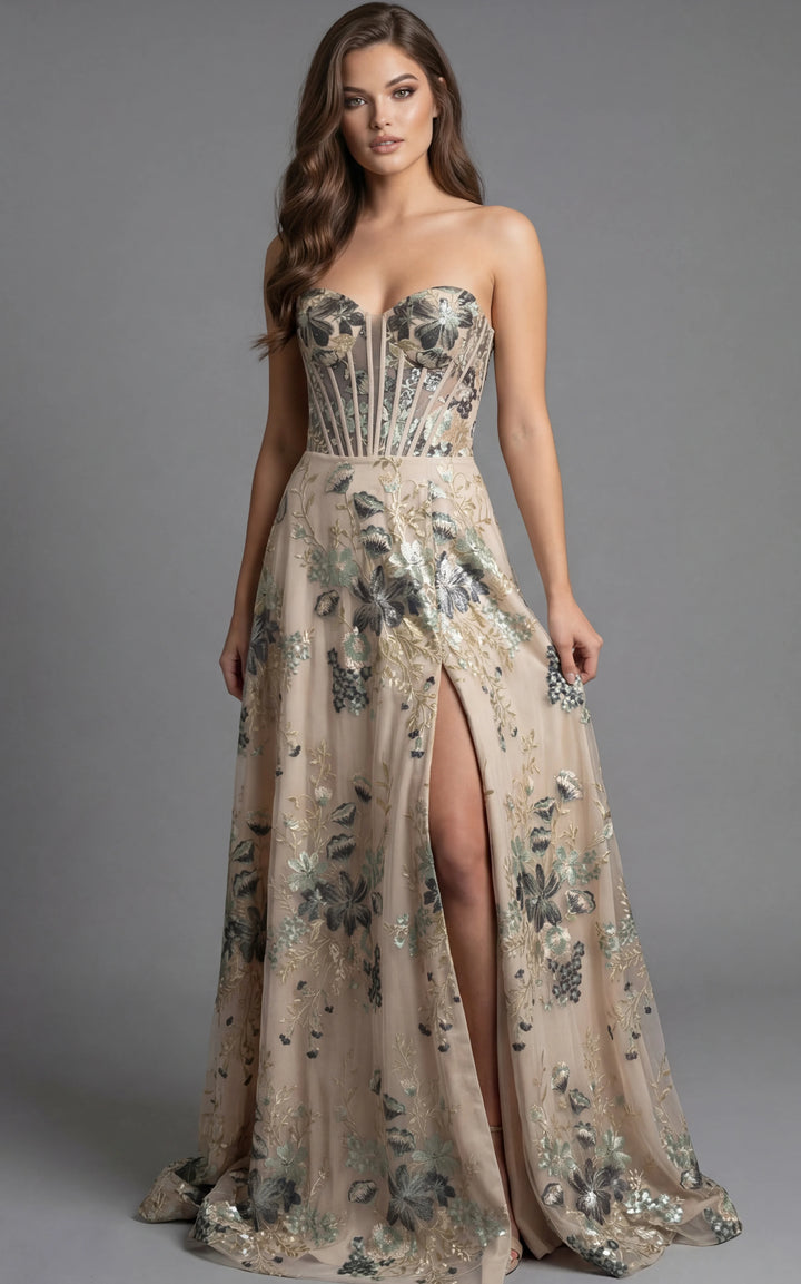 Jovani 44659 Strapless Floral Corset Evening Gown