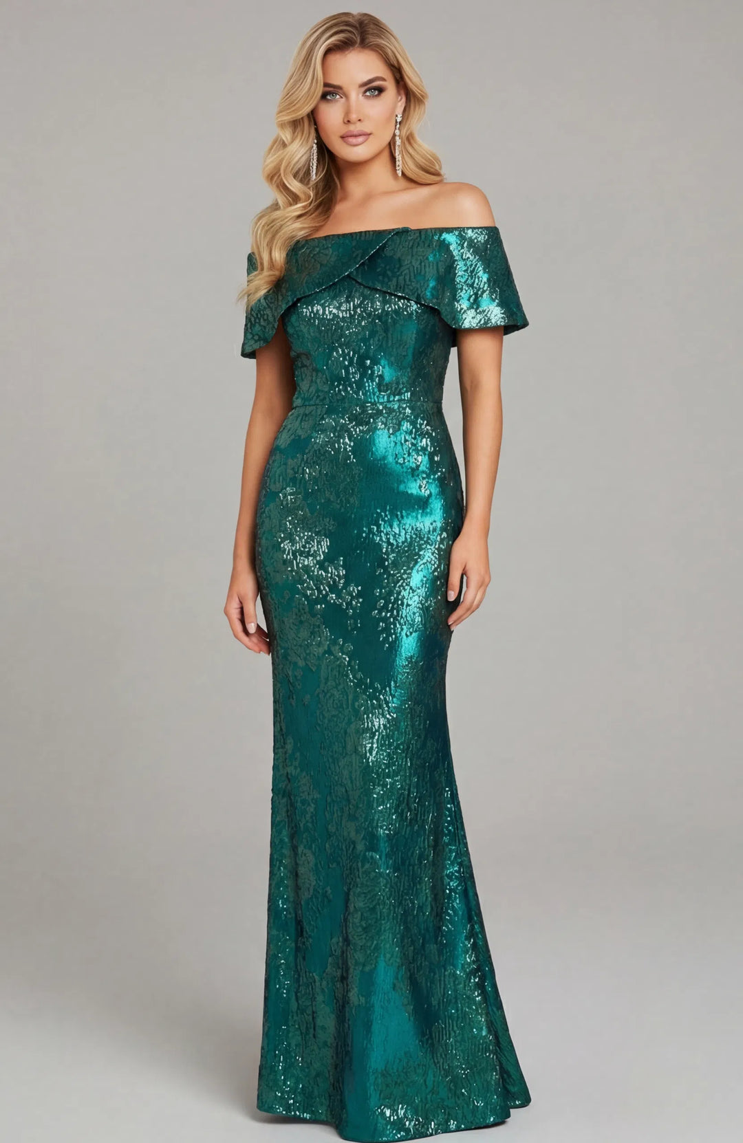 structured off the shoulder dress Jovani 44757 Off Shoulder Short Sleeve Structured Bodice Mother of the Bride Dress NAVY / 12
